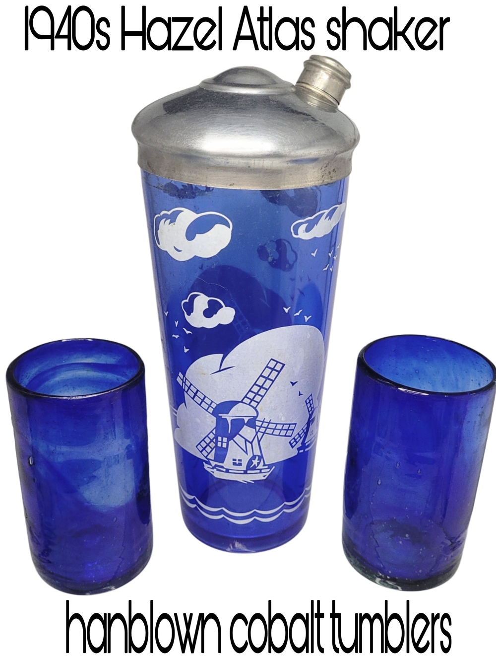 Vintage 1940s Cobalt Hazel Atlas Windmill Shaker & 2 Blown Glass Tumbers